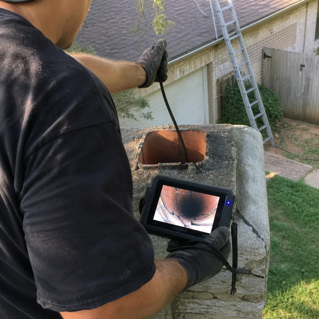 Professional performing a chimney flue video inspection from the roof