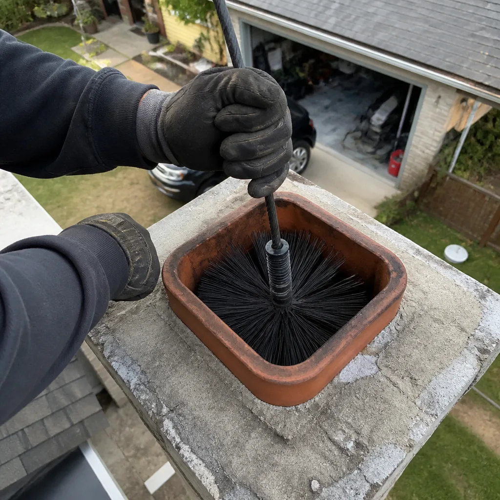 Professional chimney sweep cleaning a fireplace flue from the roof