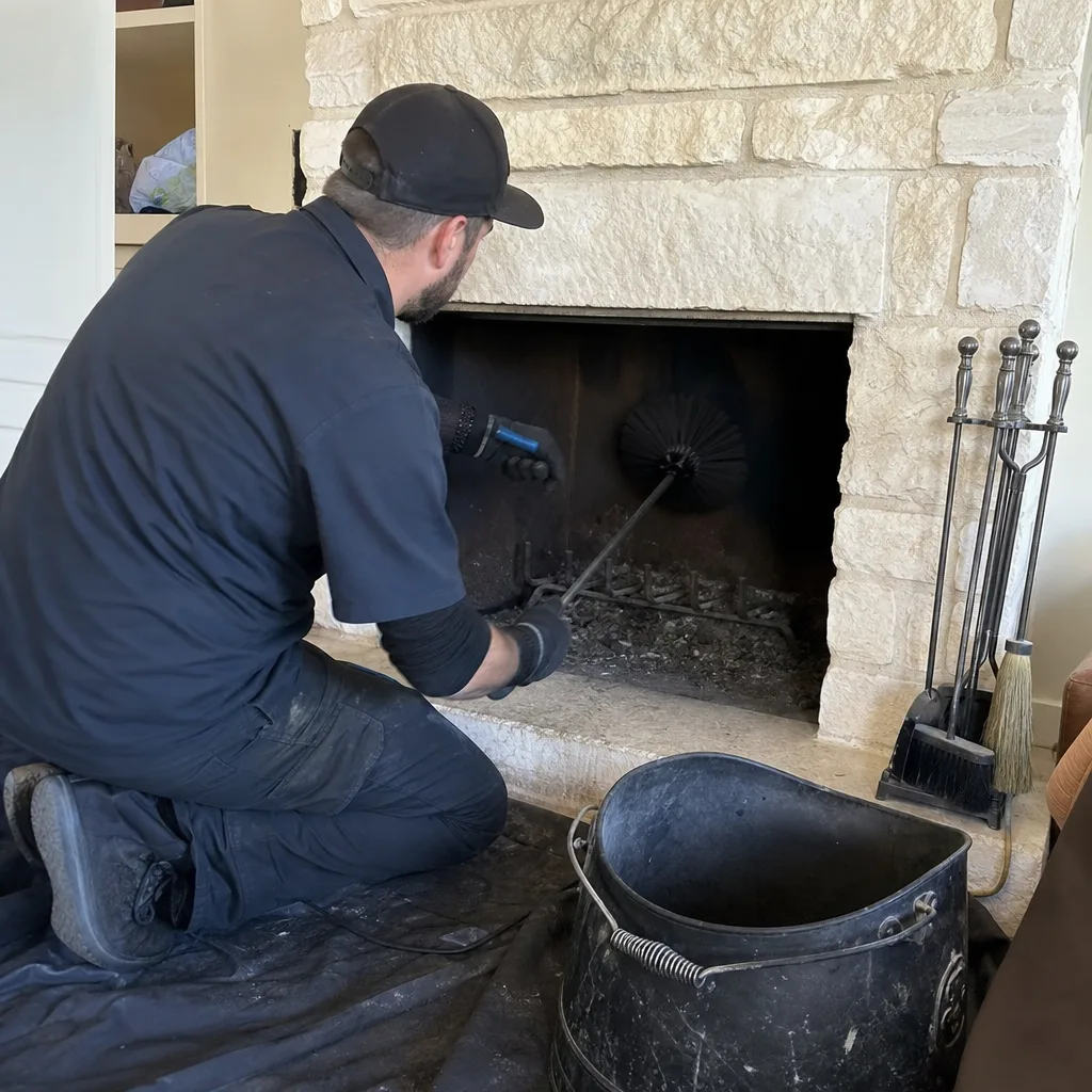 Professional chimney sweep cleaning a stone fireplace with a brush tool