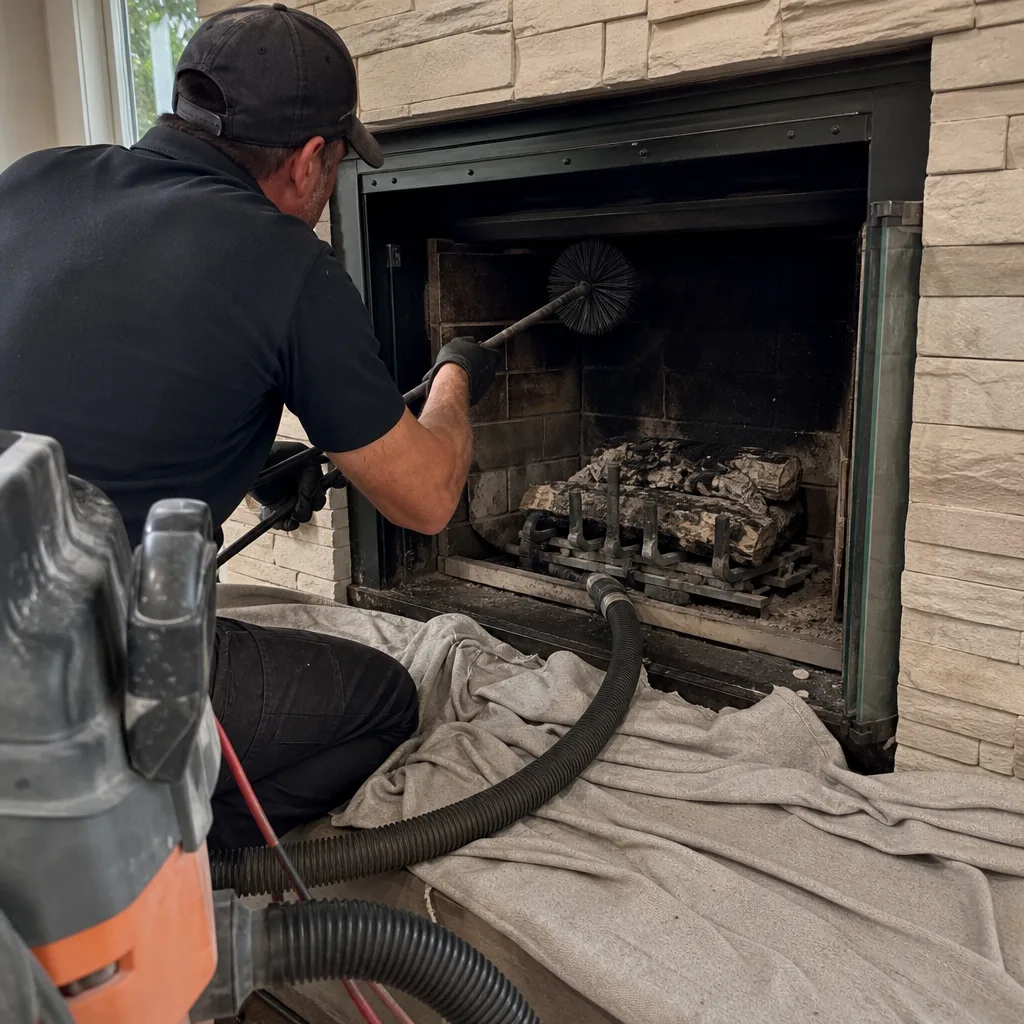 Professional technician performing gas fireplace repair and chimney maintenance